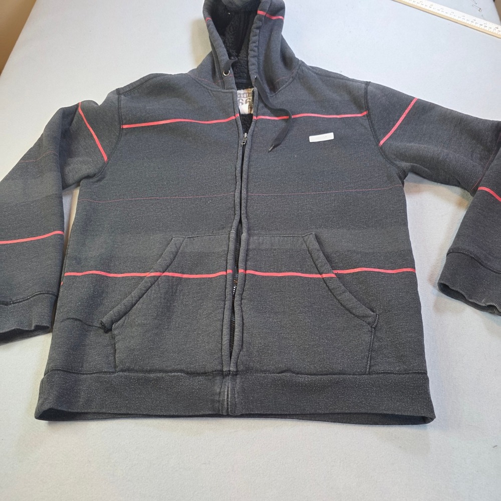 Route 66 Mens Full Zip Hoodie Charcoal Grey Red Striped Sherpa Lined Large